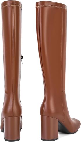 SOVANYOU Women's Faux Leather Tall Boots Fashion Square Toe Chunky Heel Knee High Boots with Side Zip in Saudi Arabia