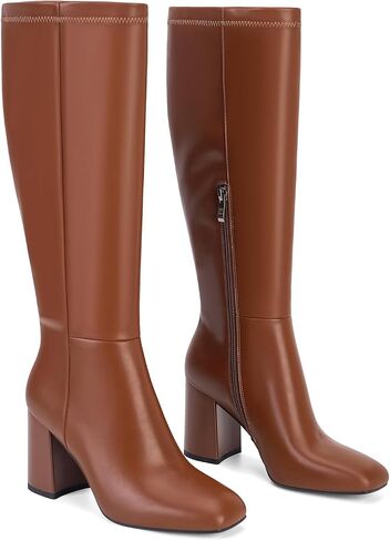 SOVANYOU Women's Faux Leather Tall Boots Fashion Square Toe Chunky Heel Knee High Boots with Side Zip in Saudi Arabia