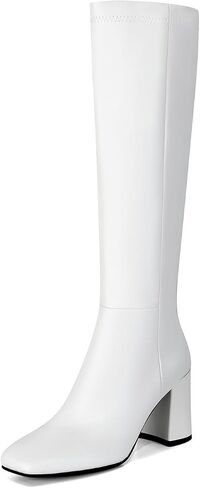 SOVANYOU Women's Faux Leather Tall Boots Fashion Square Toe Chunky Heel Knee High Boots with Side Zip in Saudi Arabia