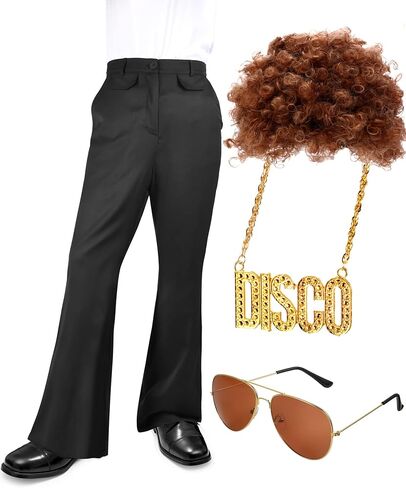 Geyoga Men's 70s Disco Costume Bell Bottom Pants Mens Bootcut Trousers with Wig Sunglasses Disco Necklace for Theme Party in Saudi Arabia