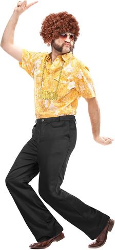 Geyoga Men's 70s Disco Costume Bell Bottom Pants Mens Bootcut Trousers with Wig Sunglasses Disco Necklace for Theme Party in Saudi Arabia