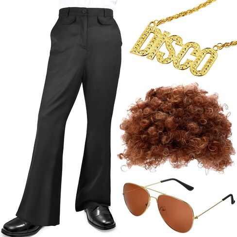 Geyoga Men's 70s Disco Costume Bell Bottom Pants Mens Bootcut Trousers with Wig Sunglasses Disco Necklace for Theme Party in Saudi Arabia