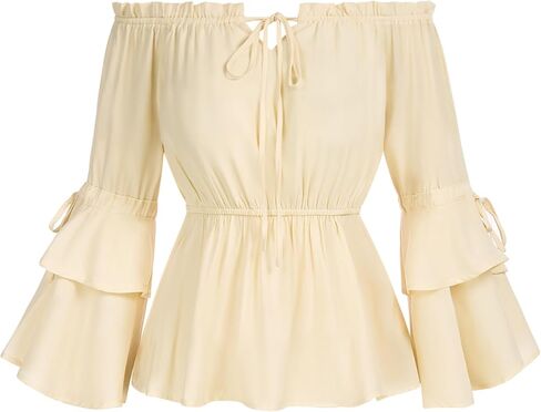 بلوزات فلاحية من عصر النهضة القرمزي للنساء، قمصان بيبلوم بأكمام جرس، قمصان كاجوال أنيقة in Kuwait