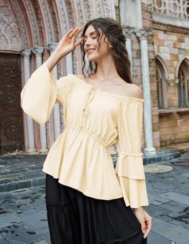 بلوزات فلاحية من عصر النهضة القرمزي للنساء، قمصان بيبلوم بأكمام جرس، قمصان كاجوال أنيقة in Kuwait