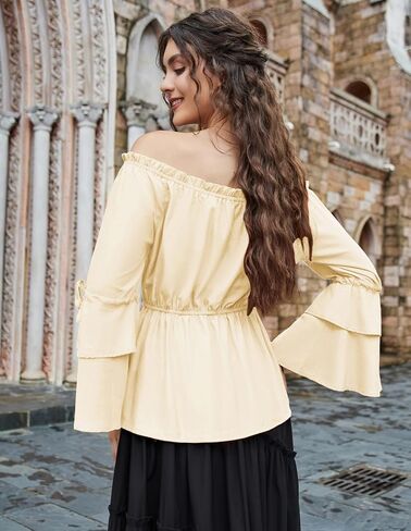 بلوزات فلاحية من عصر النهضة القرمزي للنساء، قمصان بيبلوم بأكمام جرس، قمصان كاجوال أنيقة in Kuwait