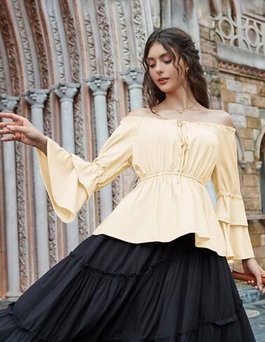 بلوزات فلاحية من عصر النهضة القرمزي للنساء، قمصان بيبلوم بأكمام جرس، قمصان كاجوال أنيقة in Kuwait