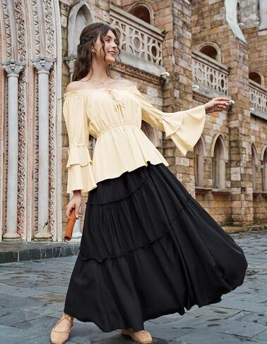 بلوزات فلاحية من عصر النهضة القرمزي للنساء، قمصان بيبلوم بأكمام جرس، قمصان كاجوال أنيقة in Kuwait