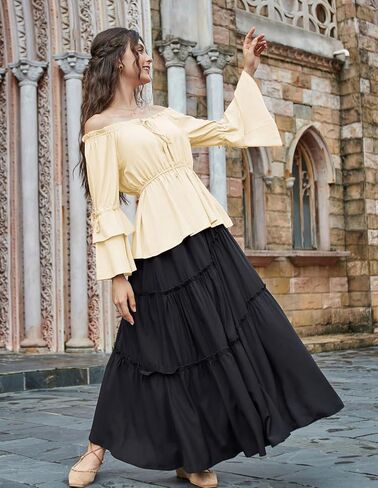 بلوزات فلاحية من عصر النهضة القرمزي للنساء، قمصان بيبلوم بأكمام جرس، قمصان كاجوال أنيقة in Kuwait