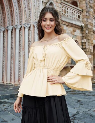 بلوزات فلاحية من عصر النهضة القرمزي للنساء، قمصان بيبلوم بأكمام جرس، قمصان كاجوال أنيقة in Kuwait