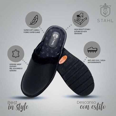 شبشب STAHL للرجال مريح من جلد الغنم الأصلي عالي الكثافة ونعل مضاد للانزلاق مع بطانة فائقة النعومة للاستخدام الداخلي/الخارجي in Kuwait