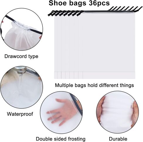 شنطة احذية السفر، 36 قطعة من حقائب تخزين السفر، 40 × 30 سم، حقيبة تخزين شفافة برباط سحب محمولة مقاومة للماء للاستخدام اليومي والسفر in Kuwait