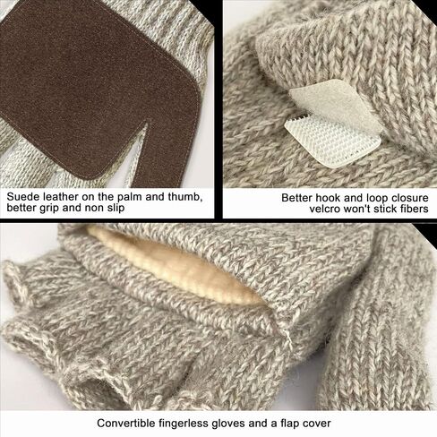 Evridwear Fingerless Winter Gloves Convertible, Knitted Wool Flip-top Mittens, Anti-Slip Suede Leather, Unisex in Saudi Arabia
