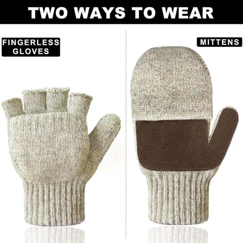 Evridwear Fingerless Winter Gloves Convertible, Knitted Wool Flip-top Mittens, Anti-Slip Suede Leather, Unisex in Saudi Arabia