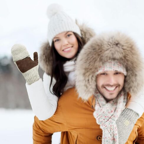 Evridwear Fingerless Winter Gloves Convertible, Knitted Wool Flip-top Mittens, Anti-Slip Suede Leather, Unisex in Saudi Arabia