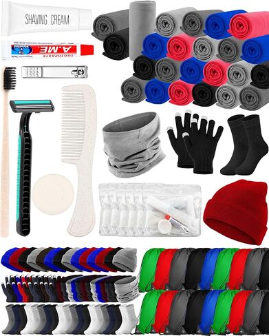 ليموساي مجموعة مستلزمات العناية بالمشردين مكونة من 140 قطعة، قفازات شتوية لتدفئة الرقبة وجوارب قطنية وبطانيات صوفية ومجموعة ادوات الزينة وشنطة تخزين للنساء والرجال بلا مأوى هدية دافئة in Kuwait