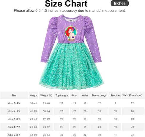 Disney Princess Toddler Girl Dress, Little Mermaid Ariel Long Sleeve Green Mesh Tutu Dress 3-8 Years in Saudi Arabia