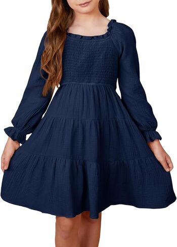 blibean Girl 2023 Cotton Long Sleeve Dresses Ruffled Boho Tiered Dress Size 6-15 Years in Saudi Arabia