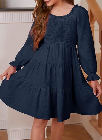 blibean Girl 2023 Cotton Long Sleeve Dresses Ruffled Boho Tiered Dress Size 6-15 Years in Saudi Arabia