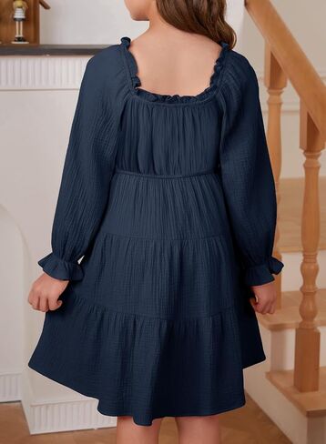blibean Girl 2023 Cotton Long Sleeve Dresses Ruffled Boho Tiered Dress Size 6-15 Years in Saudi Arabia