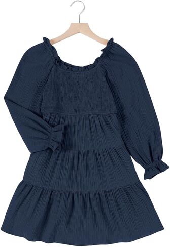 blibean Girl 2023 Cotton Long Sleeve Dresses Ruffled Boho Tiered Dress Size 6-15 Years in Saudi Arabia
