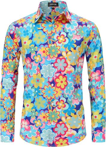 Virpviw Mens 70s Disco Shirts Long Sleeve Printed Casual Button Down Paisley Shirts in Saudi Arabia