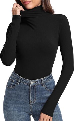 PALINDA Women's Ribbed Turtleneck Fitted Long Sleeve Shirts Basic Thermal Layering Tops in Saudi Arabia