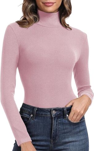 PALINDA Women's Ribbed Turtleneck Fitted Long Sleeve Shirts Basic Thermal Layering Tops in Saudi Arabia