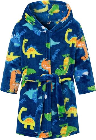 Camidy 3-8T Boys Hooded Dinosaur Bathrobe Flannel Gown Robe Bath Towel Soft Fleece Jumpsuit Homewear Loungewear in Kuwait