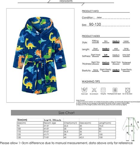 Camidy 3-8T Boys Hooded Dinosaur Bathrobe Flannel Gown Robe Bath Towel Soft Fleece Jumpsuit Homewear Loungewear in Kuwait