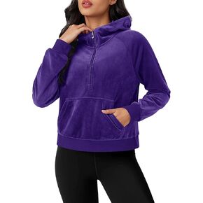 MAGCOMSEN Womens Hoodies Half-Zip Cropped Velour Sweatshirts Long Sleeve Fleece Pullover with Pocket Casual Outfits