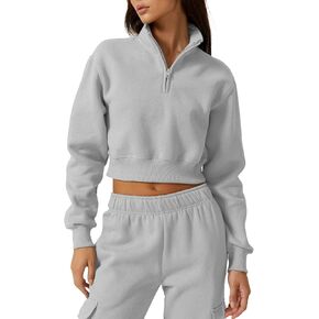 QINSEN Womens Half Zip Crop Sweatshirt High Neck Long Sleeve Pullover Cropped Top