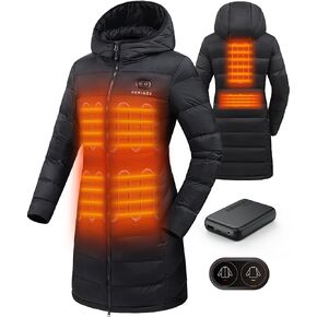 HEWINZE Women's Heated Softshell Long Jacket, Warm Electric Heating Winter Coat with Detachable Hood and 7.4V Battery Pack