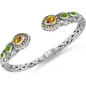 DEVATA Sterling Silver 925 and 18K Gold with Gemstones Bali Filigree Cuff Bracelet