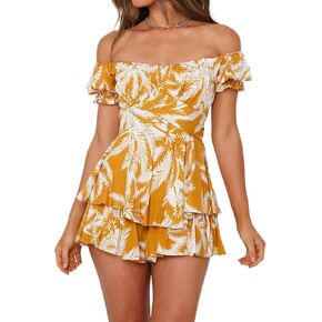 Linsery Women Boho Off Shoulder Romper Floral Print Tie Back Ruffle Hem Chiffon Short Jumpsuit