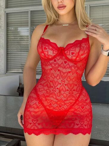 SOLY HUX ملابس نوم نسائية من الدانتيل مطبوع عليها قلب وحواف صدفية ملابس داخلية بيبي دول قميص نوم مع ثونغ in Saudi Arabia