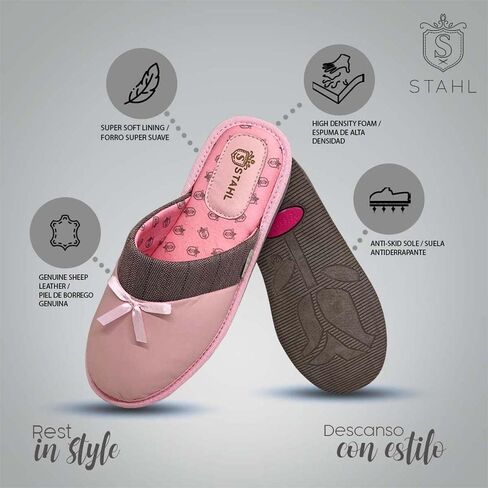 شبشب STAHL للنساء مريح من جلد الغنم الأصلي عالي الكثافة ونعل مضاد للانزلاق مع بطانة فائقة النعومة للاستخدام الداخلي/الخارجي 1828 in Kuwait