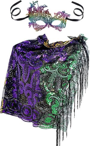وشاح شال ماردي جراس مع قناع ماردي جراس للحفلات التنكرية, ملون, average size in Kuwait