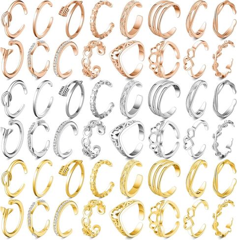 Henoyso 48 Pcs Toe Rings for Women Teens Girls Summer Adjustable Vintage Retro Knuckle Ring Sandal Beach Foot Jewelry Finger Tail Ring, Gold, Silver and Rose Gold, 0.6-0.78 in in Saudi Arabia