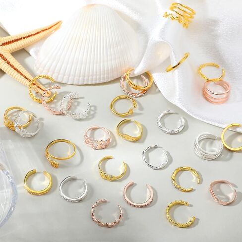 Henoyso 48 Pcs Toe Rings for Women Teens Girls Summer Adjustable Vintage Retro Knuckle Ring Sandal Beach Foot Jewelry Finger Tail Ring, Gold, Silver and Rose Gold, 0.6-0.78 in in Saudi Arabia