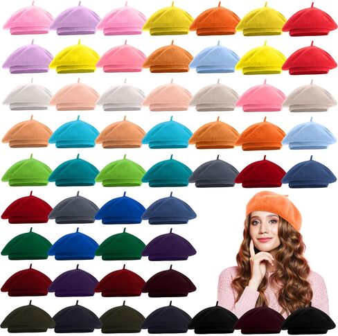 Hoosige 54 Pcs Wool Beret French Beret Artist Hat Pumpkin Beret Solid Color Beret Simple Beret Caps Fall Winter Beret Hats for Valentine Adults Girls Women Lady Birthday in Kuwait