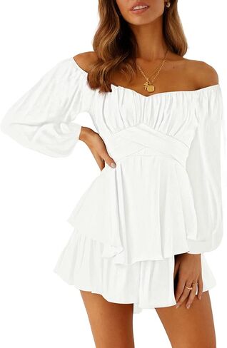 Linsery Women Boho Off Shoulder Romper Floral Print Tie Back Ruffle Hem Chiffon Short Jumpsuit in Kuwait