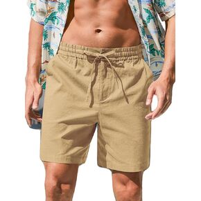 RQP Mens Cotton Linen Shorts Casual Drawstring 7inch Inseam Shorts Stretch Summer Beach Wear