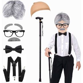 Yunsuelo Old Man Costume Wig for Kids 100 Days of School Costume for Boys and 7pcs Grandpa Costume for Adults