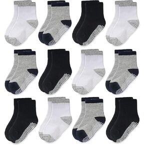 CozyWay Non-Slip Crew Grip Toddler Socks, 12 Pack for Boys, Black/White/Gray with Black or Gray Heel, 1-3 Years Old in Kuwait