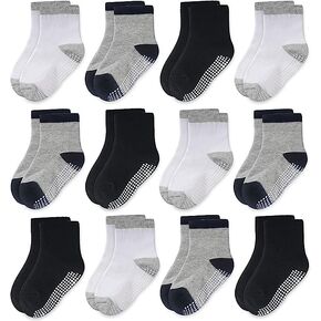 CozyWay Non-Slip Crew Grip Kids Socks, 12 Pack for Boys & Girls, Black/White/Gray with Black or Gray Heel, 5-7 Years Old in Kuwait
