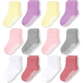 CozyWay Non-Slip Crew Grip Toddler Socks, 12 Pack for Boys & Girls, White/Gray/Yellow/Purple/Coral, 1-3 Years Old in Kuwait