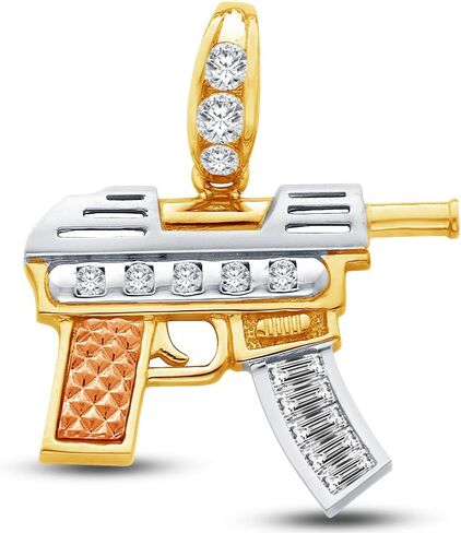 Sonia Jewels 14K Tri 3 Color Gold Diamond-Cut Ornate Uzi Gun Charm Pendant with CZ Cubic Zirconia Accents (26x34 mm) in Saudi Arabia