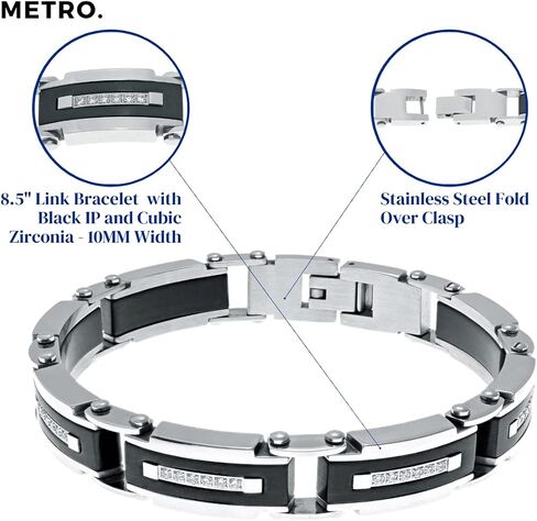 Metro Jewelry Stainless Steel with Black Ion Plating Thick Link Bracelet for Men - 8.5 Inches Long 12 mm Wide with Fold Over Clasp and Cubic Zirconia in Saudi Arabia