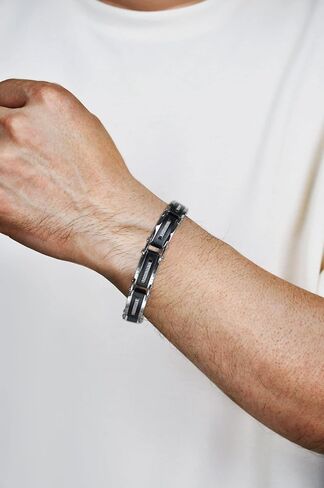 Metro Jewelry Stainless Steel with Black Ion Plating Thick Link Bracelet for Men - 8.5 Inches Long 12 mm Wide with Fold Over Clasp and Cubic Zirconia in Saudi Arabia
