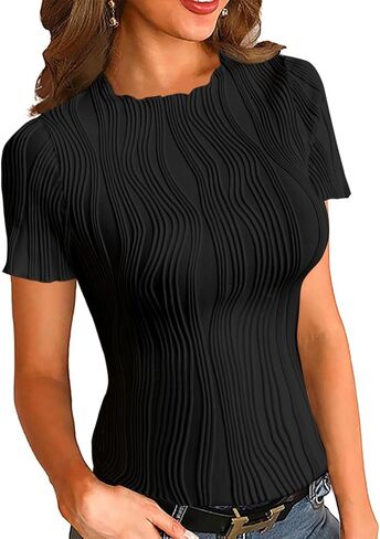 قمصان LOLONG النسائية ذات الأكمام القصيرة والرقبة الدائرية الكاجوال، بلوزات ذات ملمس سادة، قمصان ضيقة in Kuwait